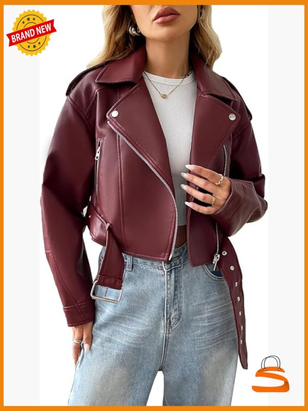 Faux Leather Cropped Jacket Vegan Motor Biker Coat with Belt